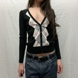 y2k vintage black pink preppy argyle v neck button fitted cardigan sweater